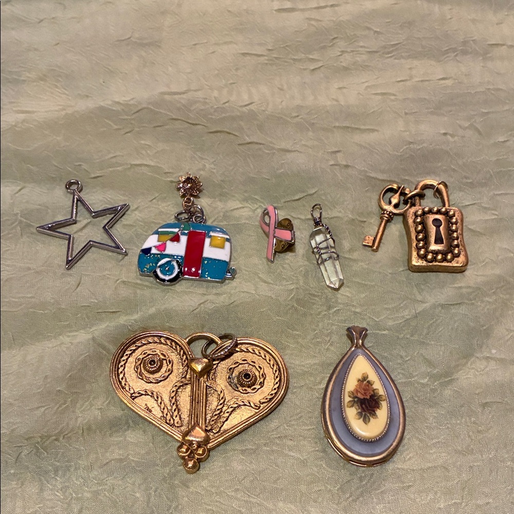 Gold & Silver pendants- crystal, RV, floral cameo, heart, star & lock & key